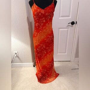 Vintage 90s Y2K Summer Vacation Elegant Rocket- Candy Orange Floral Maxi Dress M